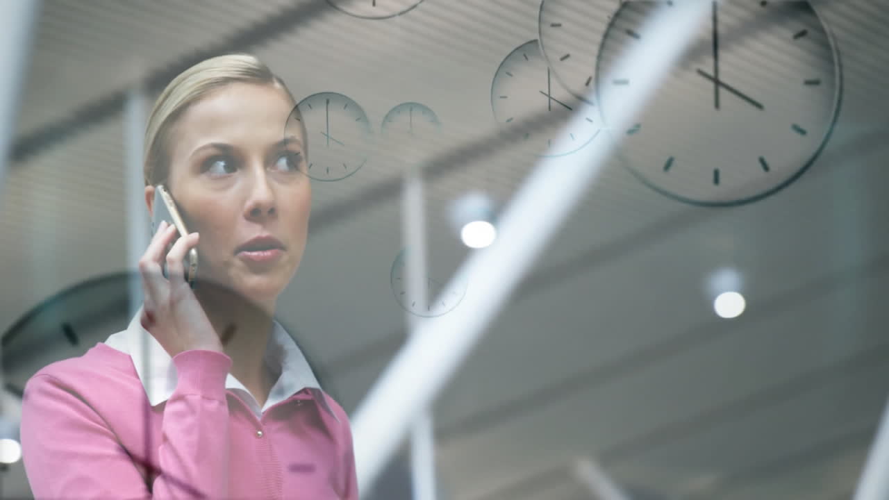Talking on phone, businesswoman with floating clocks in modern office animation