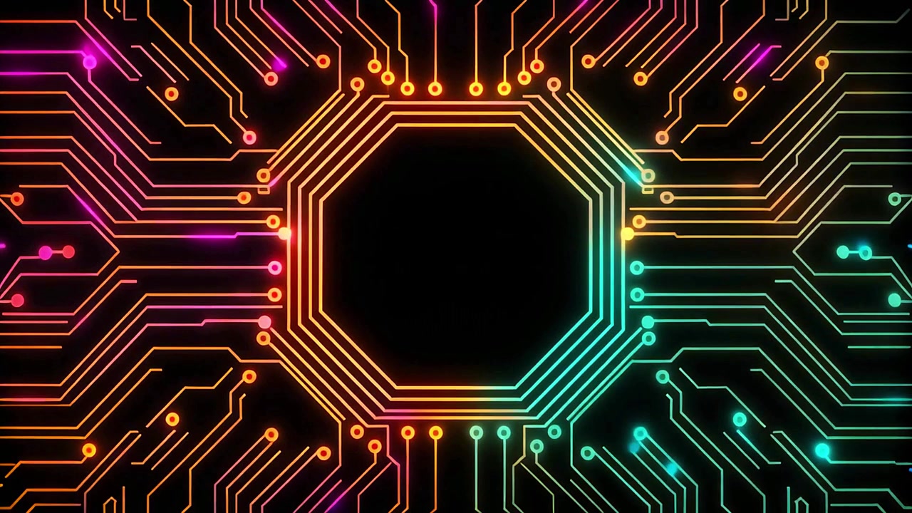 Animated Circuit Board with Glowing Neon Lines and Central Processor
