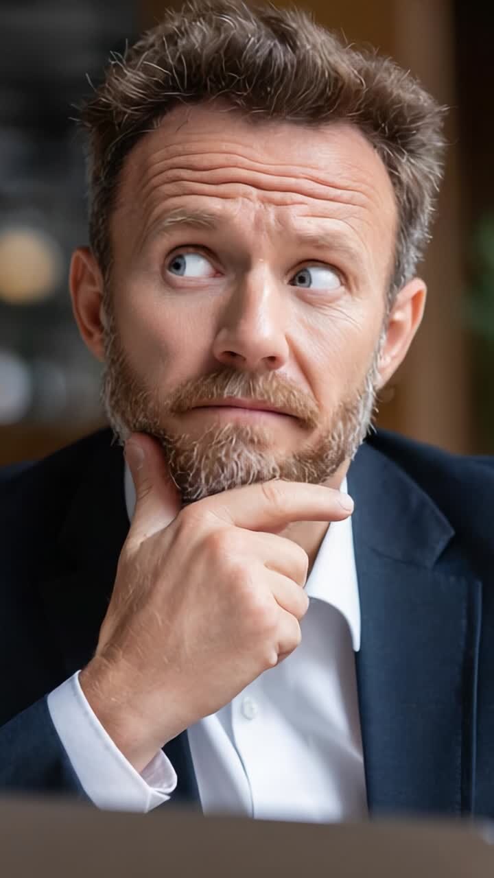 Uomo pensieroso che contempla le decisioni future con un'espressione riflessiva in un ambiente professionale