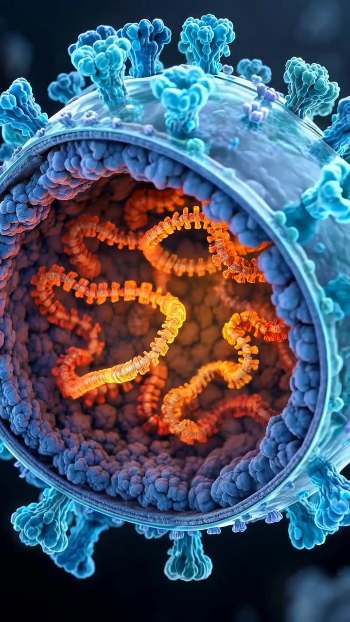 La telecamera avanza da una vista più ampia nella particella sferica aperta, enfatizzando strati esterni blu traslucidi, proteine raggruppate e filamenti arancioni luminosi sospesi all'interno