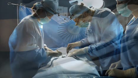 animation of flag of argentina over surgeons in operating theatre