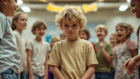 Lonely schoolchild sitting on gymnasium floor, experiencing social rejection amid mocking peers, representing childhood emotional distress