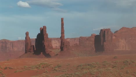 long shot of the totem pole rock formations in monument valley tribal park in arizona