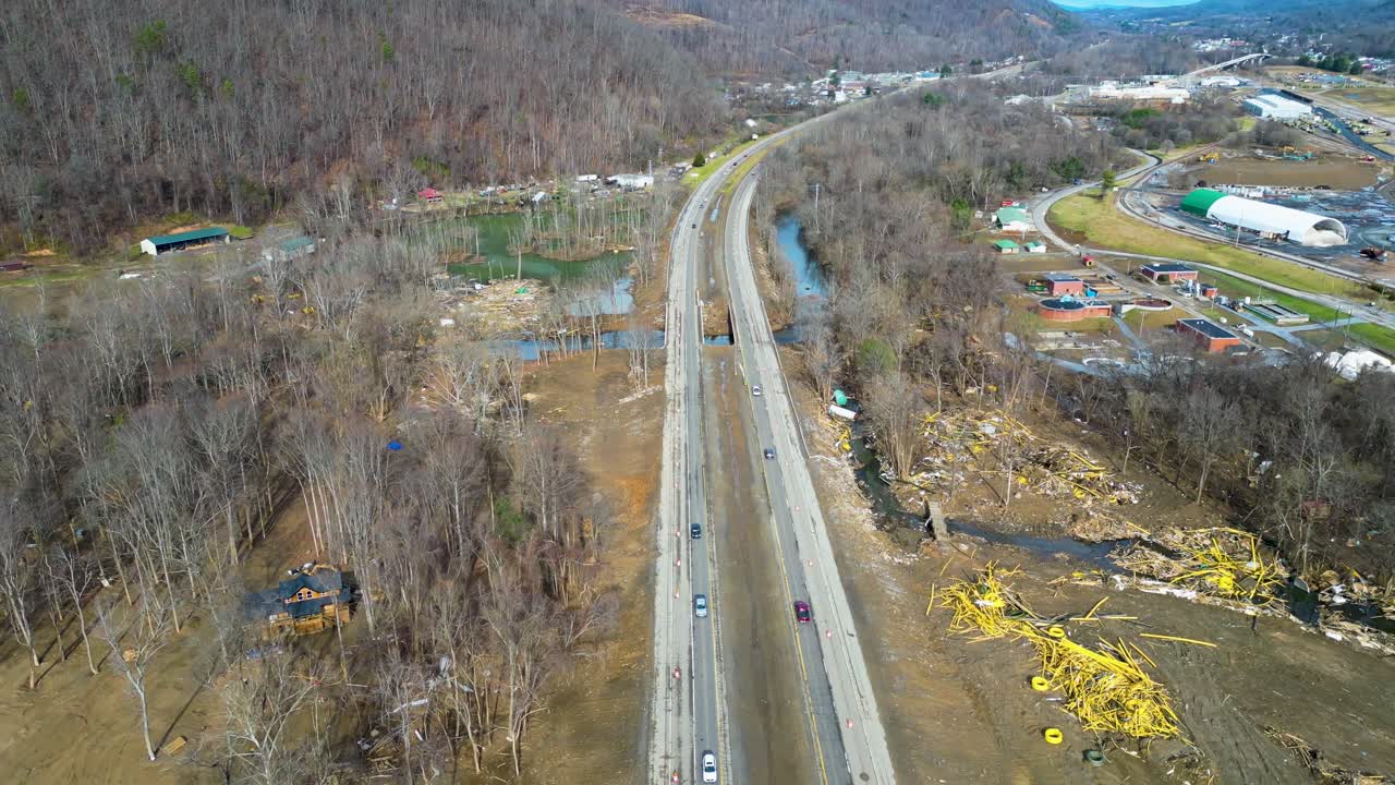4K Aerial Drone Video of Damage Caused by Flooding of the Nolichucky River Along Interstate 26 in Erwin, TN after Hurricane Helene (2024)