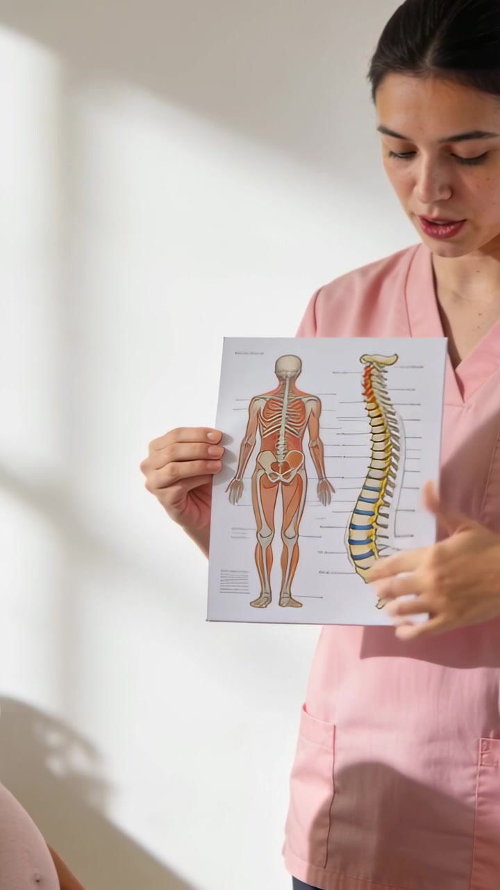 Vertical video: Presenting chart, nurse in pink scrubs pointing to spine for pregnant mom in clinic
