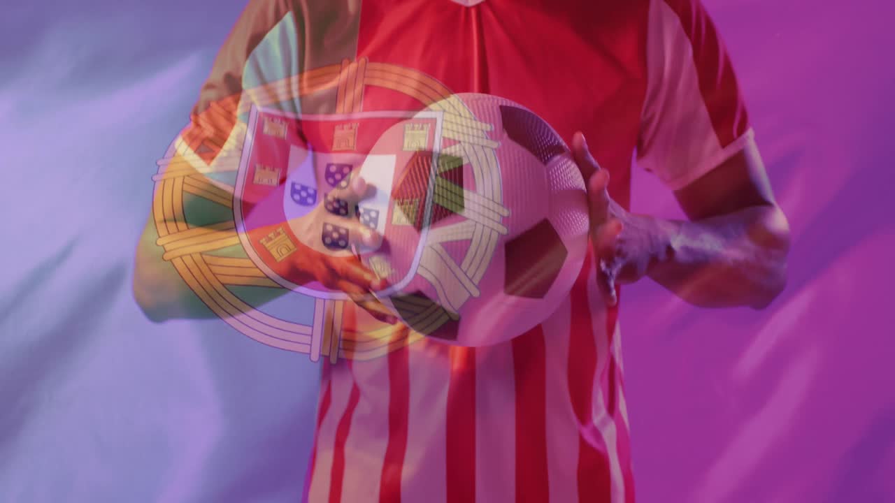 animación de un jugador de fútbol caucásico sobre la bandera de portugal