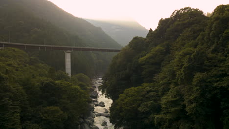 river and mountains just after sunset in rural japan on the island of shikoku in the tokushima prefecture