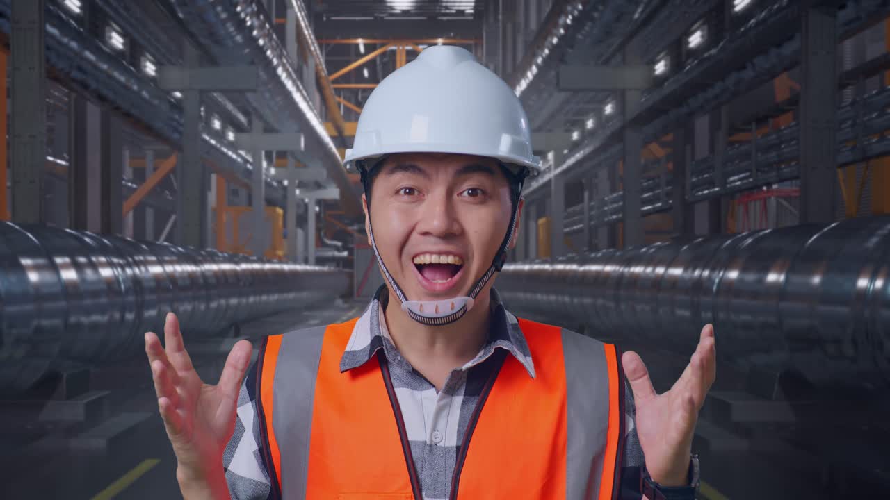 공장에서 흥분한 엔지니어