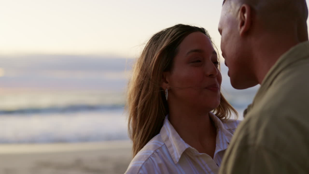 Love, happy and couple dance at beach for romance