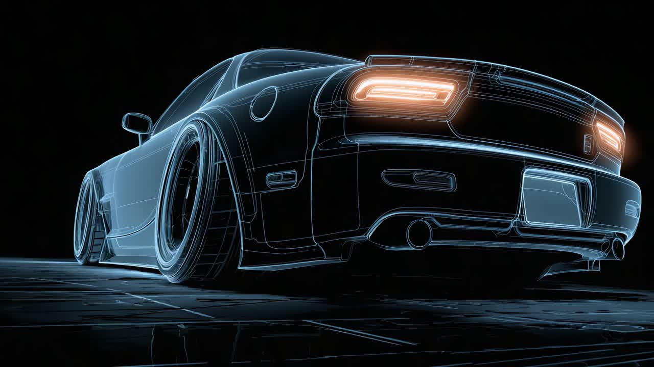 Una splendida immagine al neon con il contorno di un'auto sportiva che mette in risalto il suo design elegante e le caratteristiche orientate alle prestazioni, da una prospettiva posteriore in condizioni di scarsa illuminazione