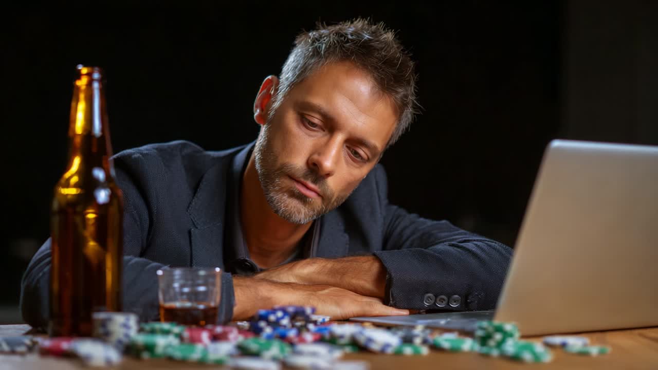 A Disheartened Gambler Reflects on His Choices at a Dimly Lit Table, Surrounded by Poker Chips, a Laptop, and an Open Beer, Illustrating the Emotional Toll of Unsuccessful Betting and Unfulfilled Expectations