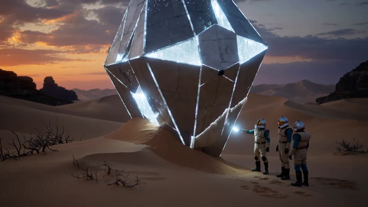 Raising blue-beam scanner, three suited explorers scanning monolith at desert sunset, sand drifting