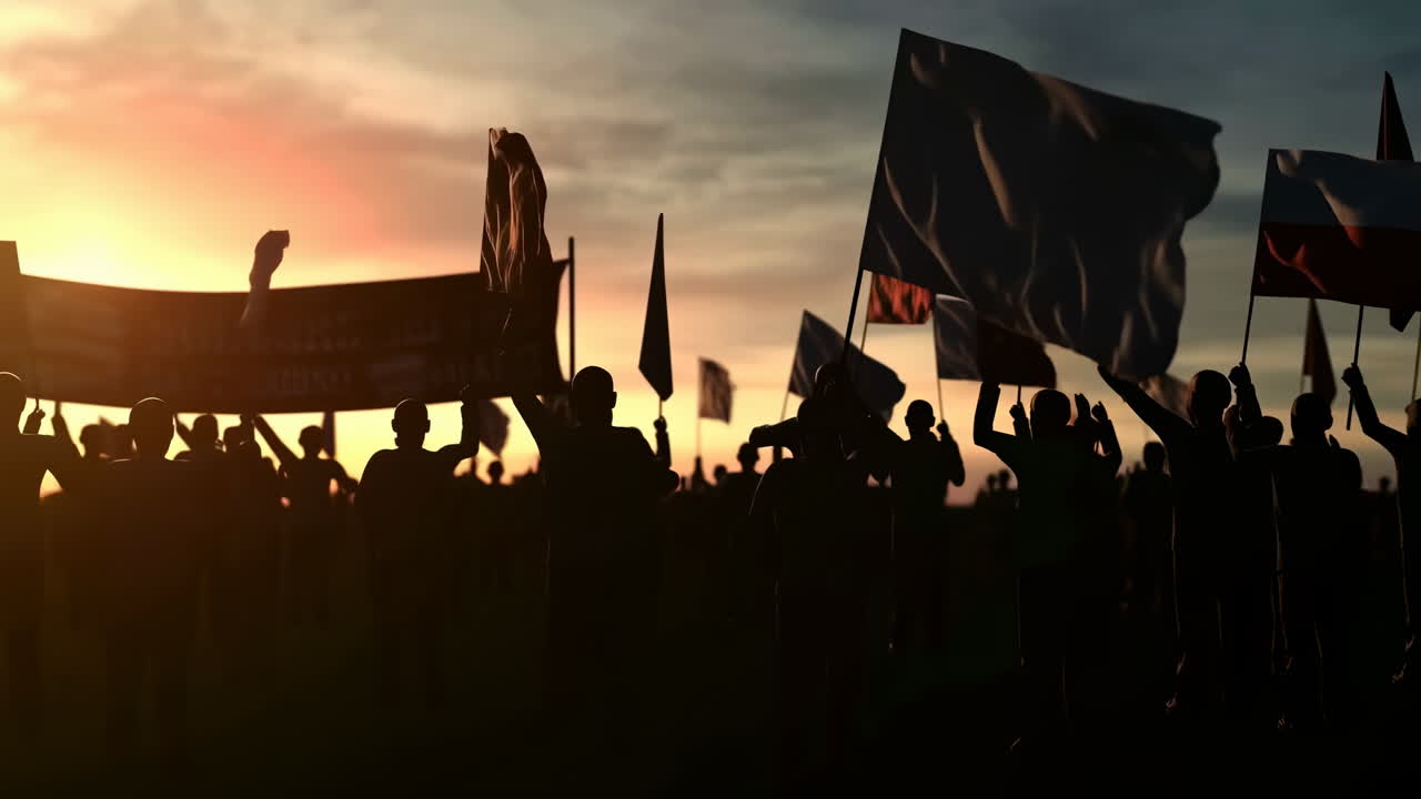 Gün batımında bayrak sallayan protestocu kalabalığın dramatik silüeti