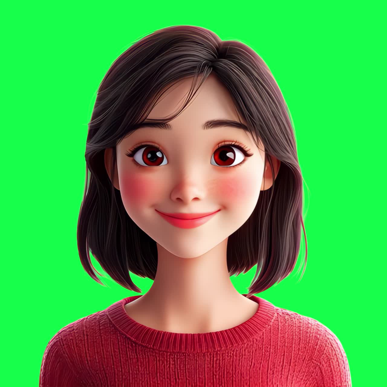 Smiling animated character portrait animation, transparent 4K video, green screen