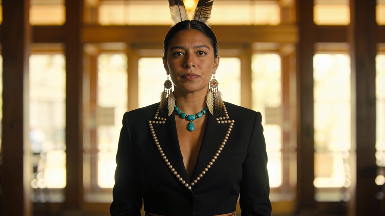 Donna indigena che parla in una sala accogliente mentre la telecamera inizia a riprendere, indossando una giacca nera e un copricapo di piume
