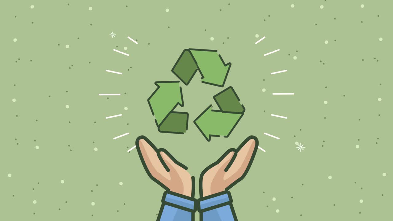 animación ecológica con las manos levantando flechas de reciclaje