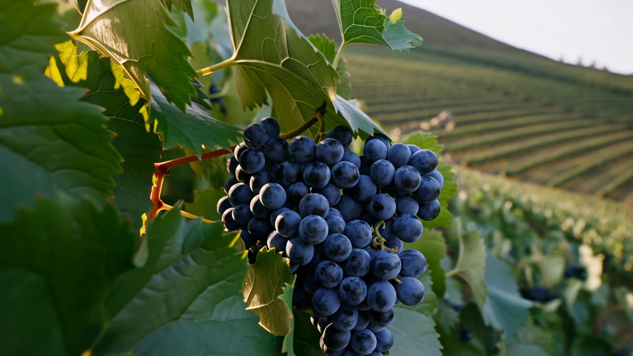 Ripe Blue Grapes In Sunlit Vineyard, Closeup Of Plump Cluster Hanging From Leafy Grapevine With Rolling