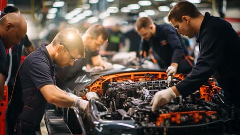 technicians assembling car engines in a modern workshop
