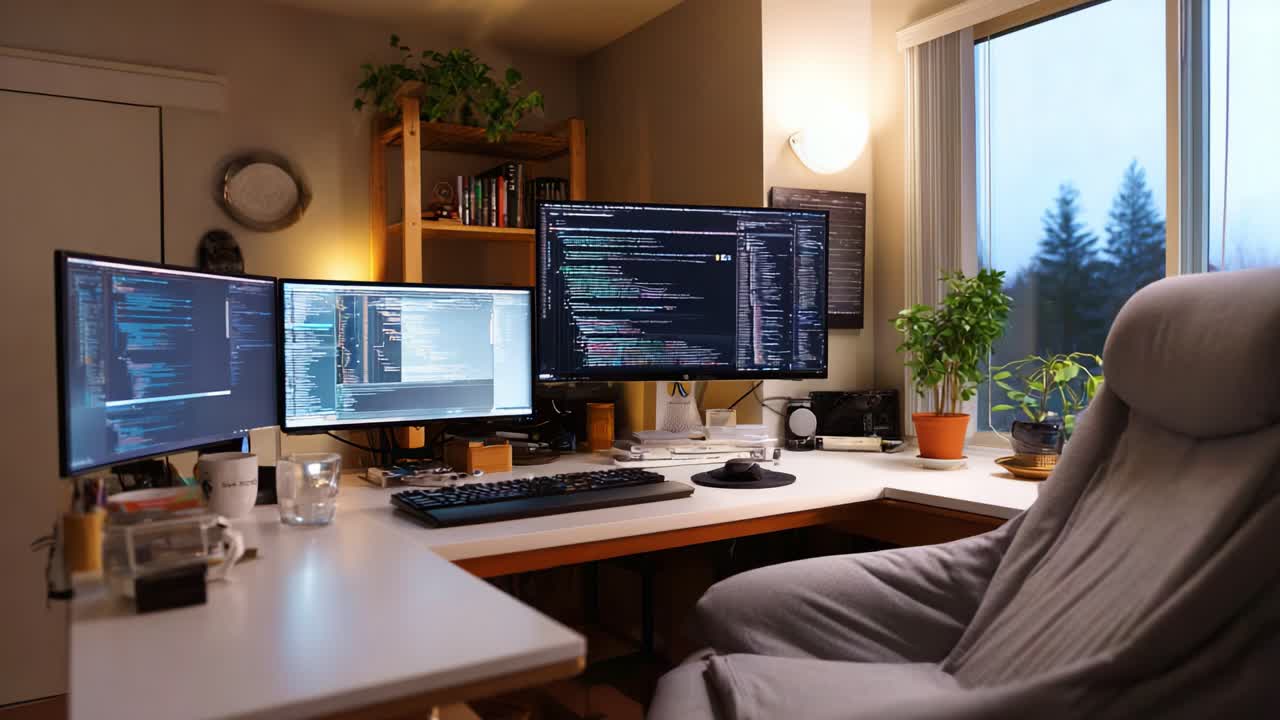 A Modern Workspace Featuring Multiple Monitors, Coding Software, and Greenery to Create an Inviting, Productive Environment for Creative Professionals