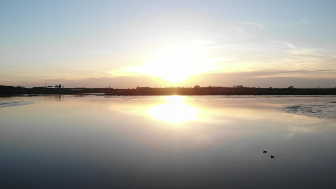brillante reflejo del amanecer en los humedales de la reserva natural de crezeepolder en holanda del sur, países bajos con pájaros nadando en el agua