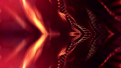 las partículas forman una línea, una cuadrícula de superficie o un misterioso espacio virtual. animación 3d sin costuras como fondo de ciencia ficción digital de partículas brillantes con profundidad de campo, bokeh. cuerdas de oro rojo 7