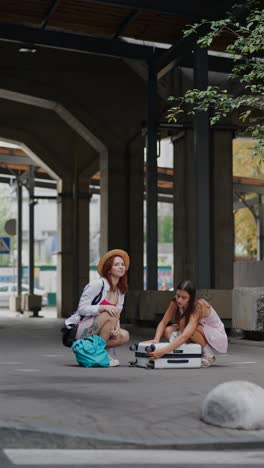 two women checking a suitcase at the train station