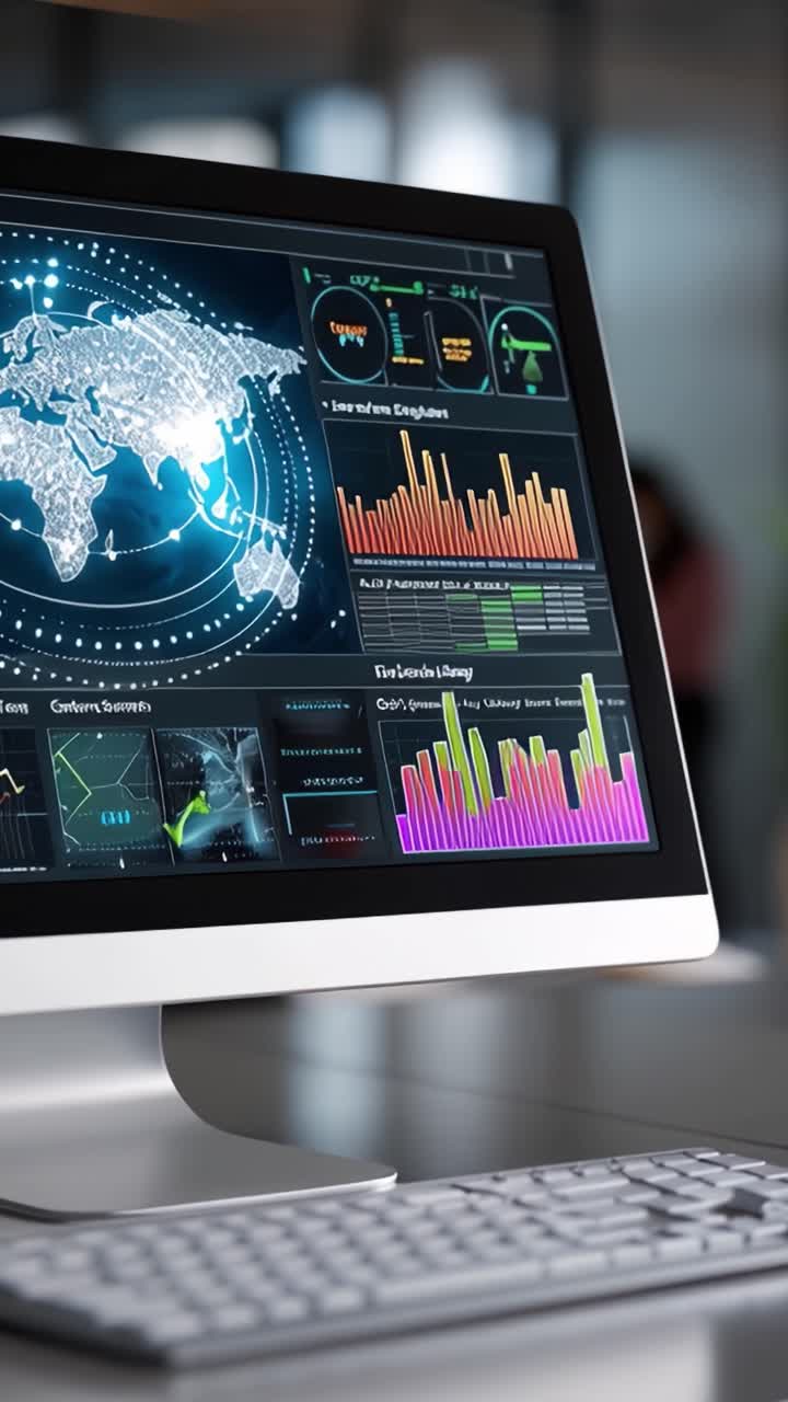 Dynamic Data Visualization on Computer Screen: Interactive Analytics Dashboard with Geographic Maps and Colorful Graphs Showcasing Real-Time Information Flow