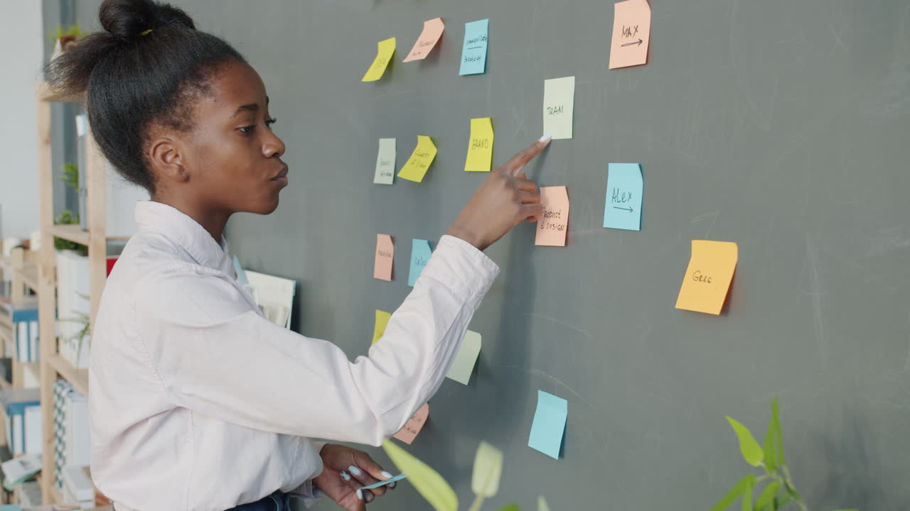 Woman Planning Project on a Wall with Sticky Notes