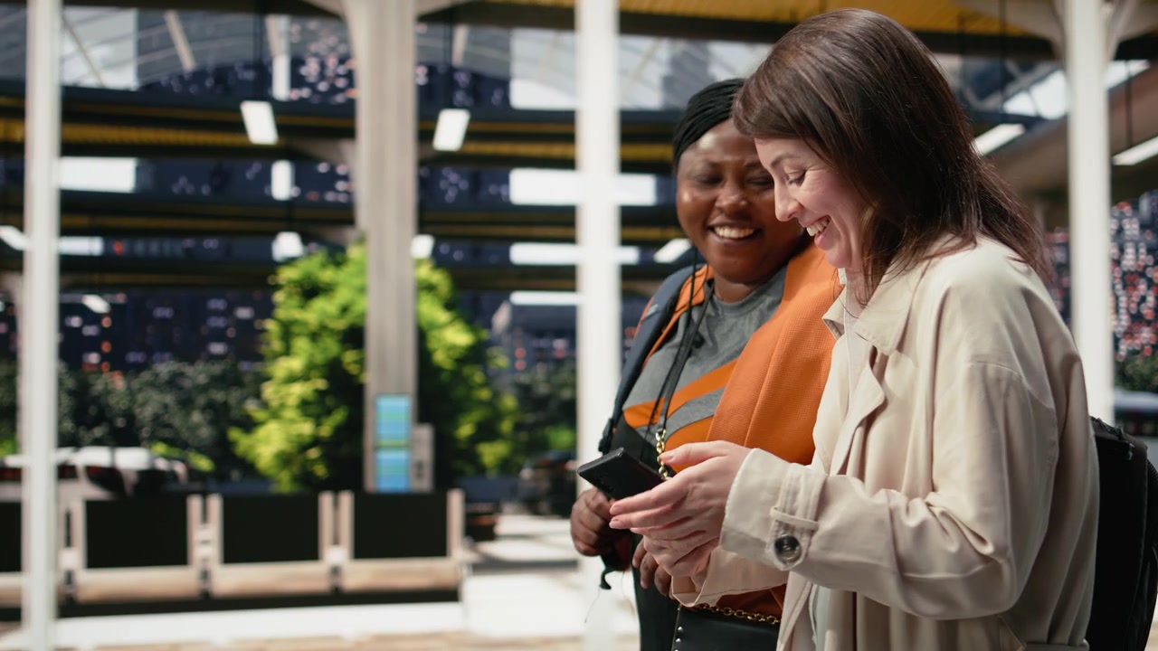 Close up of cheerful women looking at smartphone in bus terminal