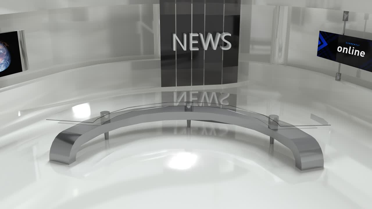 noticias de última hora televisión moderna vacío estudio virtual conjunto con escritorio circular, fondo blanco y negro animado