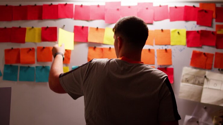 Man organizing colorful sticky notes during a brainstorming session