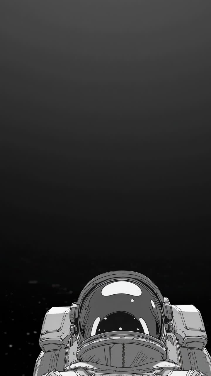 Aerial view of an astronaut in space, captured in a minimalist, monochrome style