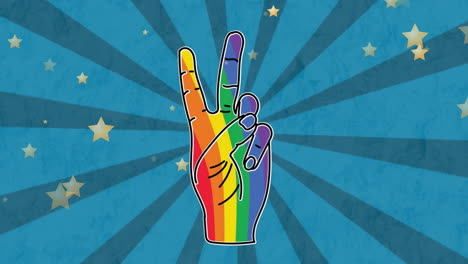 animation of rainbow color hand with victory gesture over stars and spiral pattern