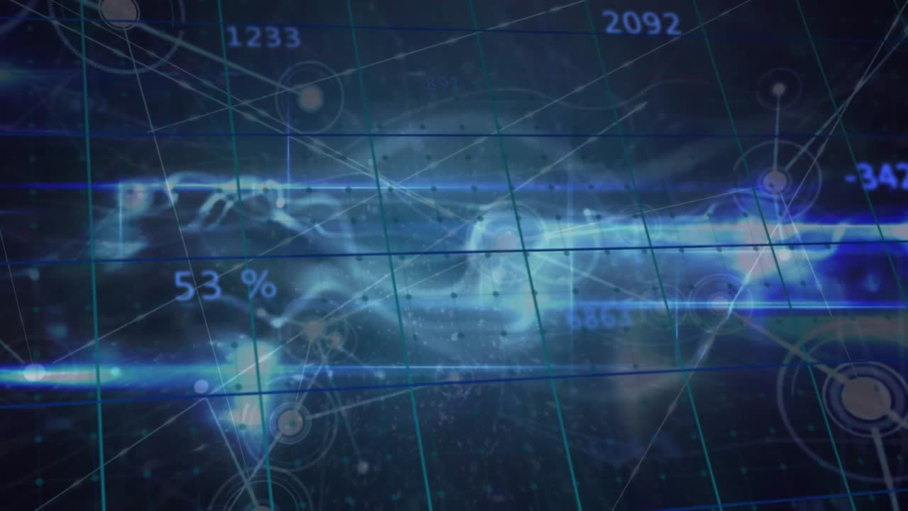 Animation of changing numbers and network of connections over blue digital wave on blue background