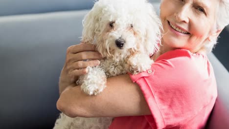 happy caucasian senior woman holding small white pet dog and smiling