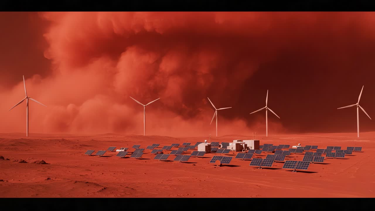 A Futuristic Landscape of Renewable Energy: Solar Panels and Wind Turbines Amidst a Dust Storm on a Red Planet Environment