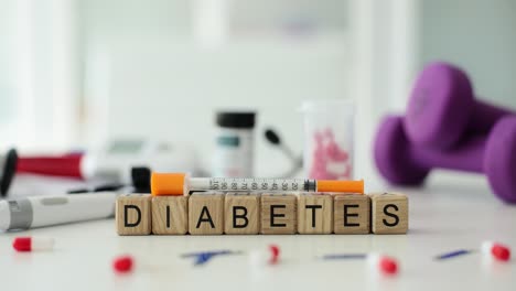 diabetes management with syringe, medication, and exercise equipment