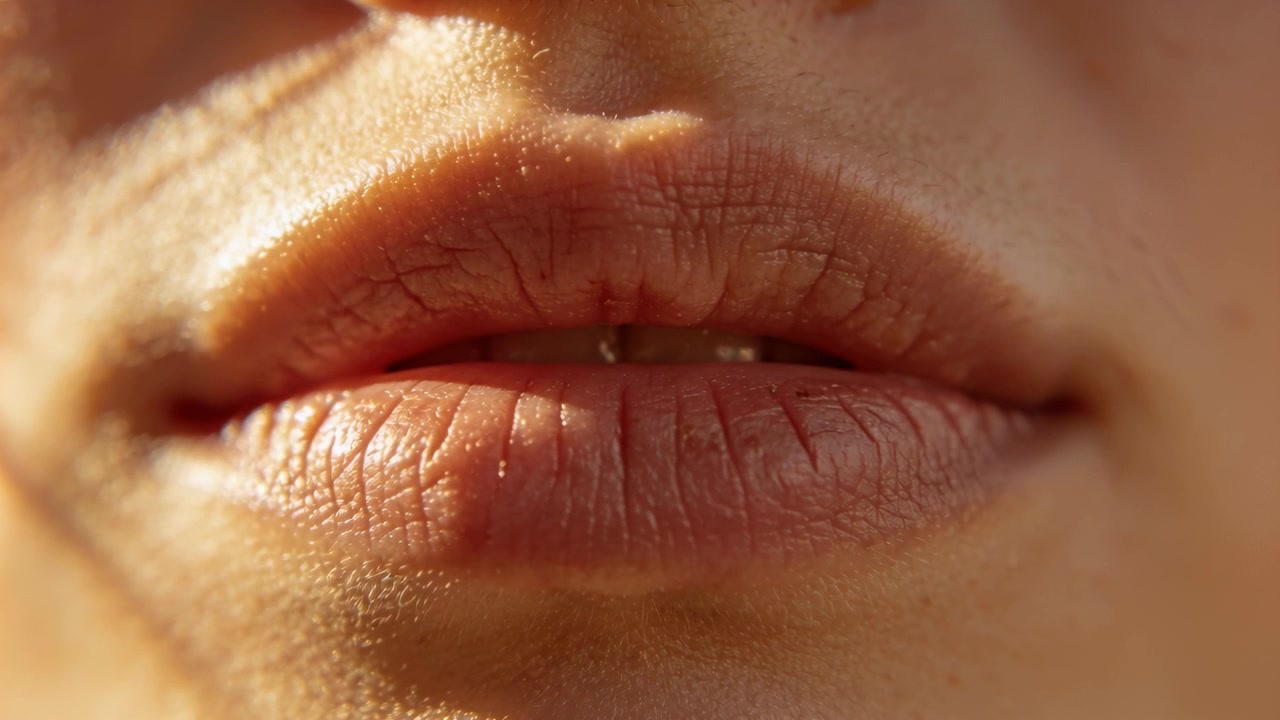 Shifting mouth showing lips parting and closing in tight closeup, with top teeth as camera shifting