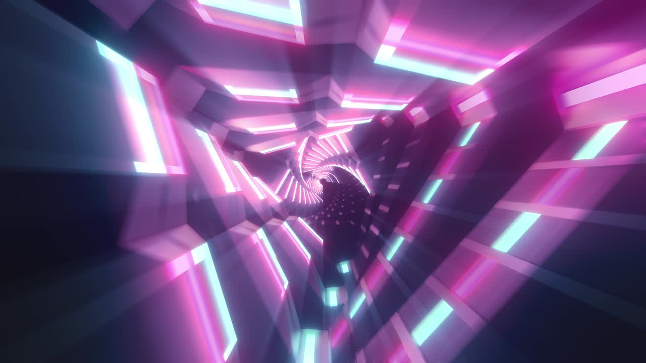volando a través de triángulos de neón rotativos metálicos brillantes que crean un túnel, espectro azul rojo rosa violeta, luz ultravioleta fluorescente, iluminación moderna de colores, animación de bucle sin costuras de 4k
