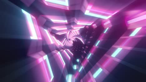 flying through metallic glowing rotating neon triangles creating a tunnel, blue red pink violet spectrum, fluorescent ultraviolet light, modern colorful lighting, 4k seamless loop animation
