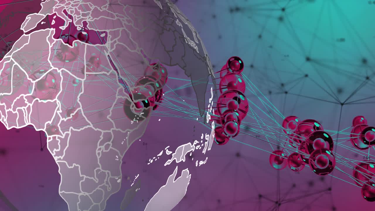보라색 그라디언트 배경에 회전하는 지구와 연결 지점의 애니메이션