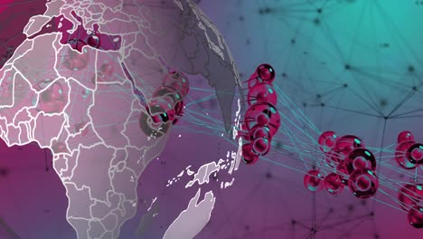 animation of spinning globe and connecting dots against purple gradient background