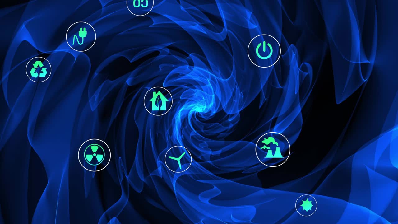 Central blue vortex starting spin, pulling neon icons inward, orbiting ...