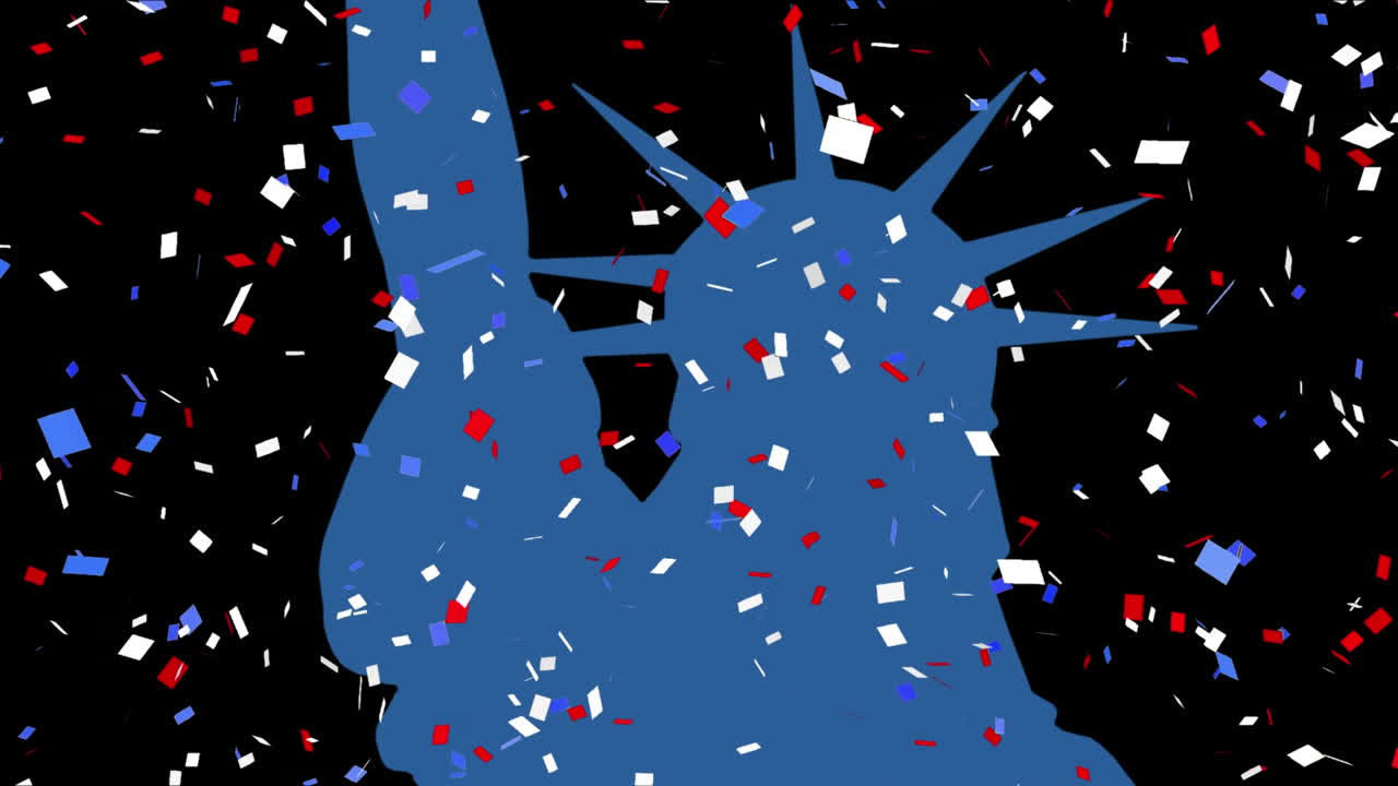 자유의 여신상 의 실루 ⁇  을 무너뜨리는 다채로운 콘페티