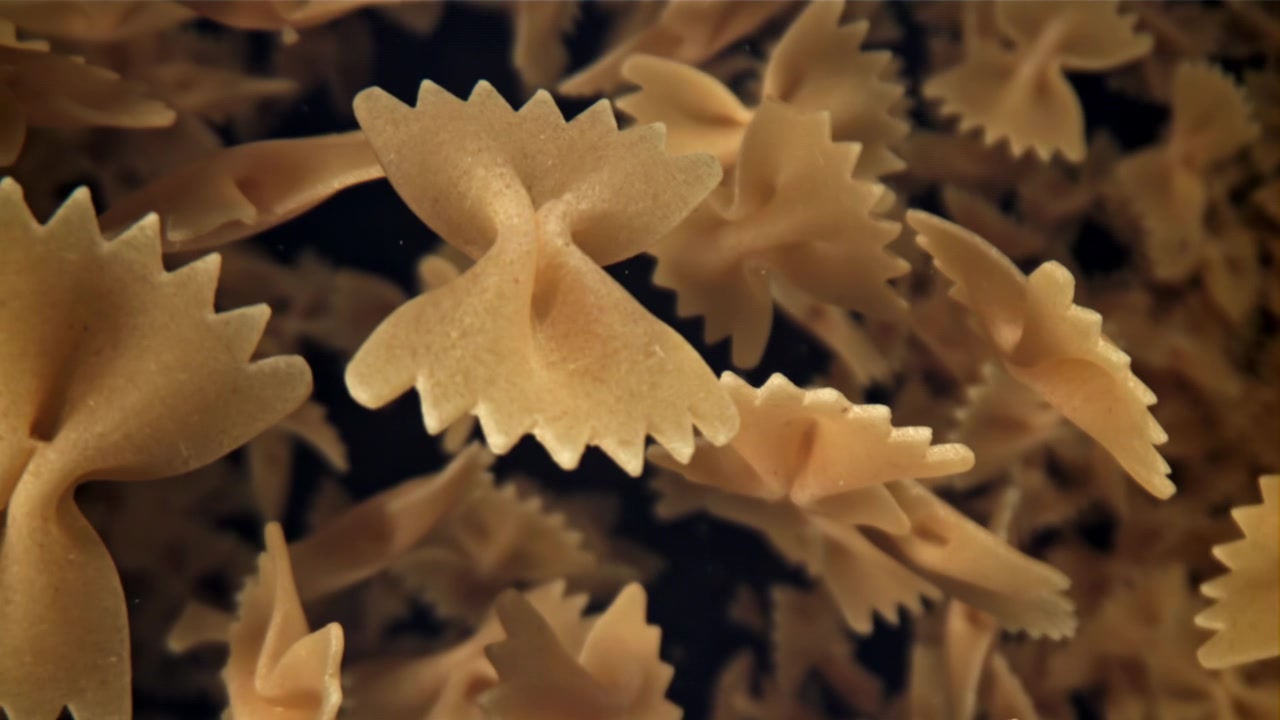 Primo piano al rallentatore di pasta farfalle che cade nell'acqua