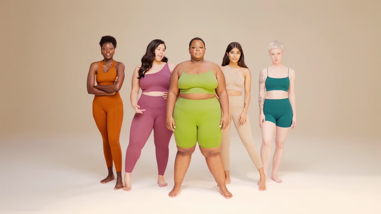 Gruppo eterogeneo di donne in abbigliamento sportivo, angolazione frontale della camera, che promuovono la body positivity