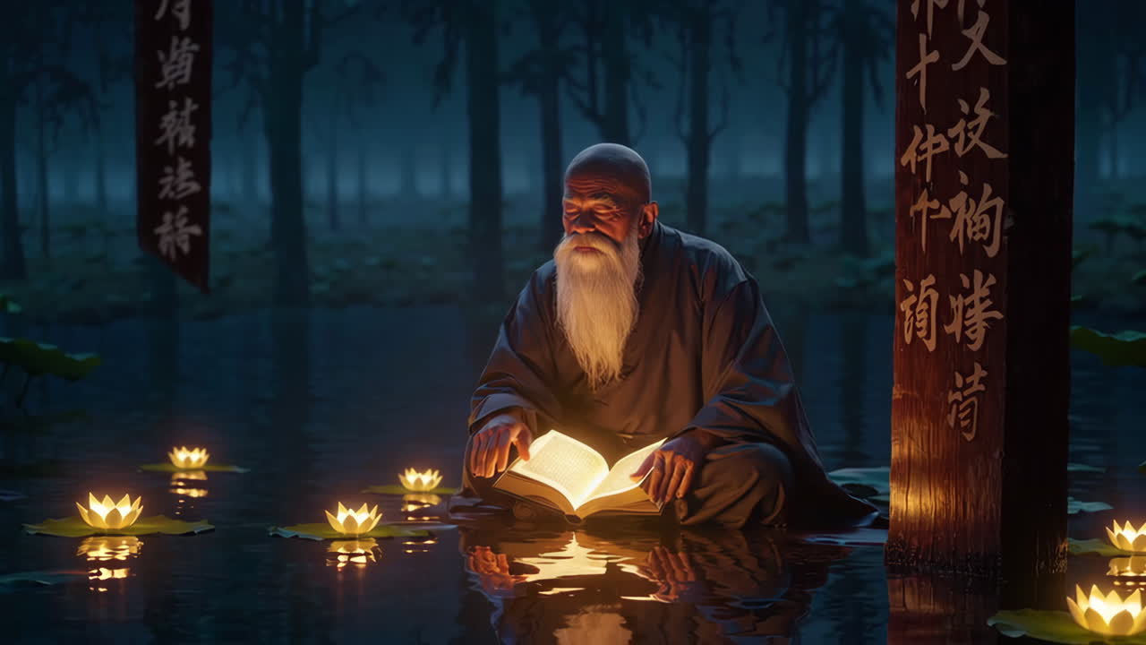 Ancient Monk Meditating by a Pond at Night