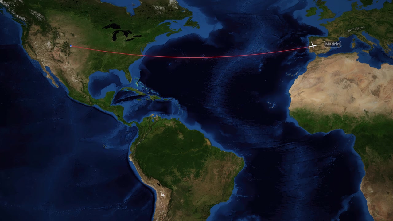 Satellite world map animation tracks a plane flying from Denver to Madrid over the Atlantic