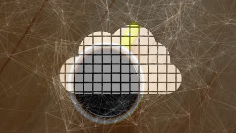 flat design coffee interface showing white cup with pixelated cloud icon over brown network grid