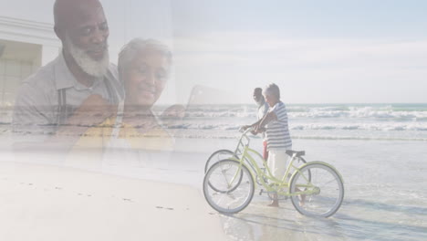 composite of happy diverse senior using laptop at home, and on bikes at beach